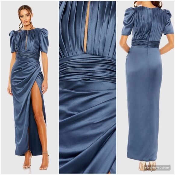 Mac Duggal 27014 Womens Blue PUFF SLEEVE PLEATED BODICE DRAPED GOWN - Picture 1 of 13